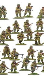 A collection of multi-part plastic miniatures representing US Airborne soldiers in early war, reinforced M42 jump uniforms. The figures are posed in various action stances, showcasing a range of weapons including rifles, submachine guns, and a bazooka, along with additional gear like magazine pouches and a signal lamp. The miniatures are set on grassy bases, highlighting their detailed sculpting and variety within the thirty-man platoon.