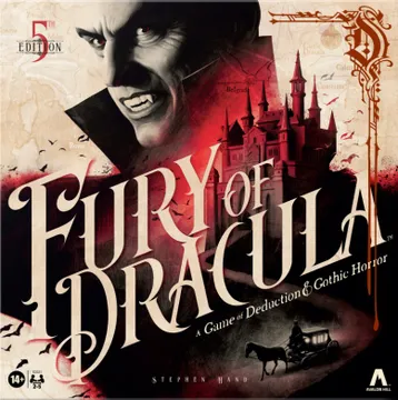The cover of "Fury of Dracula: 5th Edition" features a dramatic illustration of Dracula, depicted with a sinister expression and sharp features, set against a backdrop of a dark, gothic castle. The title "FURY OF DRACULA" is prominently displayed in bold, stylized lettering, with the subtitle "A Game of Deduction & Gothic Horror" beneath it. The design incorporates elements like a map of Europe and a horse-drawn carriage, enhancing the game's Victorian theme.