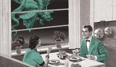 A 1950s couple dining at a table with a large insect outside the window.