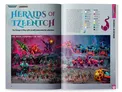 A vibrant spread from White Dwarf Issue 514 showcases a collection of Tzeentch miniatures, featuring a variety of colorful models set against a fantastical backdrop. The left side displays a mix of Tzeentch units, including a large, imposing figure and smaller creatures, all painted in bright hues of pink, blue, and green. On the right, additional miniatures are arranged, highlighting their intricate details and dynamic poses, with a glowing, ornate base in the foreground. The page also includes a color guide for the miniatures, emphasizing the diverse palette used in their painting.