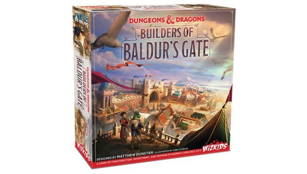 A colorful game box for "Builders of Baldur's Gate," featuring the title prominently at the top along with the "Dungeons & Dragons" logo. The artwork depicts a vibrant cityscape of Baldur's Gate, showcasing various buildings, towers, and characters, including a humanoid figure in a green outfit and others engaged in activities. The box also includes the designer's name, Matthew Dunstan, and the publisher's logo, WizKids, at the bottom.