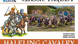 A vibrant illustration features a group of halfling cavalry figures, each mounted on horses and equipped with various weapons such as swords and lances. The left side displays a colorful, hand-drawn depiction of halfling knights, while the right side shows detailed painted models in a natural setting with grassy terrain and small buildings in the background. The text "CLASSIC FANTASY HALFLING CAVALRY" is prominently featured, along with specifications about the set.