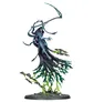 A dynamic model of the Necron Shard of the Nightbringer features a tall, ethereal figure draped in a flowing cape that transitions from dark purple to green. The character wields a large scythe and is surrounded by swarms of Scarabs, with a base that includes small skulls and a textured surface. The overall design emphasizes elegance and menace, showcasing the character's iconic elements in a modern style.