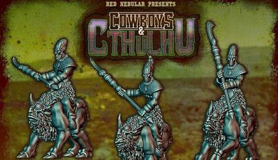 Humanoid aliens with spears riding horned, alien horses