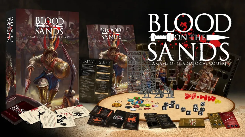 A dynamic display of the game "Blood on the Sands" features a prominent cover illustration of a gladiator in armor, wielding a sword, set against a backdrop of an arena. Surrounding the central image are various game components, including a reference guide, character cards, tokens, and a sprue of miniatures, all laid out on a sandy surface. The title "BLOOD ON THE SANDS" is boldly presented at the top, emphasizing the game's focus on gladiatorial combat.
