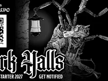 Black-and-white illustration of a shadowy, gothic alley with a hanging lantern. A skeletal figure in ornate armor grips a scythe, partially obscured by darkness. Text reads: "Dark Halls" in stylized gothic font, "KICKSTARTER 2027" below, and "GET NOTIFIED" in smaller letters.
