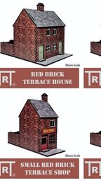 A collection of six 28mm scale MDF buildings is displayed, featuring a red brick design. The buildings include a "Red Brick House with Alley," "Red Brick Terrace House," "Red Brick Terrace Pub," "Small Red Brick Terrace House," "Small Red Brick Terrace Shop," and "Red Brick Terrace Store." Each building showcases distinct features, such as varying door colors and signage options, suitable for various historical genres.