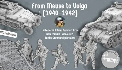 A collection of detailed 28mm German army miniatures and vehicles is showcased, featuring a half-tracked armoured personnel carrier alongside various soldiers in dynamic poses, equipped with weapons like the MG34 and Mauser K98. The background includes a textured wall of bricks, enhancing the historical context. The text highlights the campaign title "From Meuse to Volga (1940-1942)" and mentions the STL collection for 3D printing.