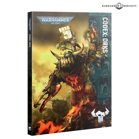 Warhammer 40,000 Codex: Orks book cover with armored Ork figure and flames.