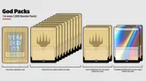Sixteen open Magic: The Gathering booster packs displayed in two rows of eight. Each pack shows a golden crown logo and text: "10 Non-foil rare and/or mythic rare cards" (left) and "2 Non-foil Booster Fun rare and/or mythic rare cards" (right).