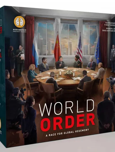 World Order board game box with leaders at a round table, flags, and city skyline through windows.