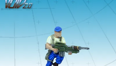 A miniature figure of Captain Dave “The Devil” Douglas stands in a dynamic pose, holding a large green weapon. He is dressed in a white shirt and blue pants, with a blue cap on his head, and is positioned on a round base adorned with small rocks. The background features a light blue grid pattern, emphasizing the figure's details.