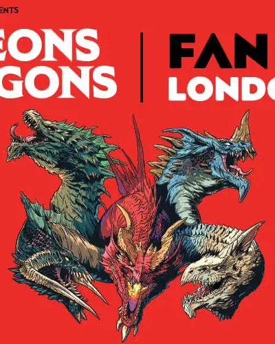 A striking graphic features a fierce, multi-headed dragon with vibrant colors, set against a bold red background. The text prominently displays "Dungeons & Dragons" at the top, followed by "FAN EXPO LONDON 2026" in large, bold letters. The design emphasizes the excitement of the upcoming event, highlighting the partnership between Wizards of the Coast and AEG Presents.