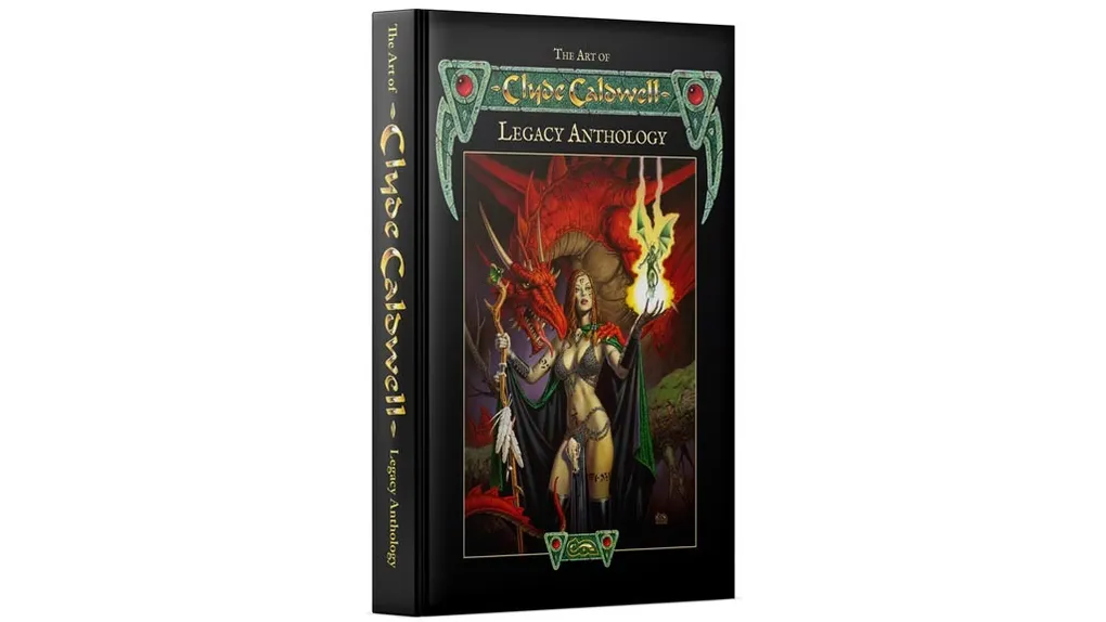 A hardcover book titled "The Art of Clyde Caldwell - Legacy Anthology" features a striking cover illustration. The artwork depicts a powerful female figure in a revealing outfit, wielding a staff with a glowing orb, alongside a large, menacing red dragon in the background. The book's spine and cover are adorned with ornate designs and the title is prominently displayed in gold and green lettering.