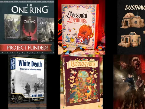 "Personal Demons" book cover, "Bookwyrm" game box, "DUSTHAVEN" text, miniature buildings, fantasy art.