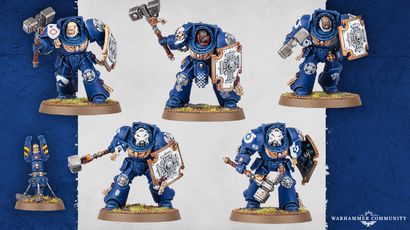 Five Space Marine Assault Terminators are displayed, each wearing iconic blue power armor and equipped with various weapons, including thunder hammers and storm shields. The miniatures feature detailed designs, with some having unique head options and tilting plates adorned with purity seals and badges. The background is a subtle gradient, enhancing the focus on the intricately crafted models.