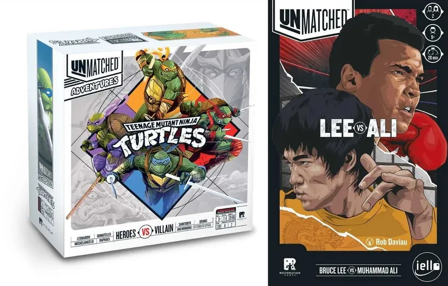 The image features two game boxes side by side. On the left, the "Unmatched Adventures - Teenage Mutant Ninja Turtles" box showcases vibrant artwork of the four Ninja Turtles, with Raphael prominently displayed, along with the title and details about the game. On the right, the "Unmatched: Bruce Lee vs Muhammad Ali" box features striking illustrations of Bruce Lee and Muhammad Ali, highlighting their iconic poses, with the title prominently displayed at the top. Both boxes reflect the dynamic and competitive nature of the Unmatched game series.