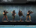 Four armed tactical figures in modern gear, one with a backpack, against a dark background.