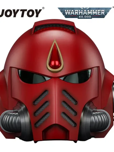 Red Space Marine helmet with gold blood drop icon, "JOYTOY WARHAMMER 40,000" text.