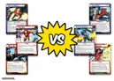 A dynamic arrangement of Marvel Champions: The Card Game character cards features Captain Marvel, Iron Man, Maria Hill, Captain America, Spider-Man, and Scarlet Witch, each showcasing their unique abilities and stats. The cards are positioned around a bold, yellow "VS" graphic, emphasizing the theme of hero versus hero conflict. The characters are depicted in vibrant colors, highlighting their iconic designs and powers.