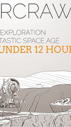 The image features a stylized illustration for the Solarcrawl RPG, showcasing a barren, alien landscape with rocky terrain and unusual, organic structures resembling large, spiraled shells. In the foreground, three astronauts in space suits are depicted near a spacecraft that has landed on the surface, while a large, mechanical structure looms in the background. The title "SOLARCRAWL" is prominently displayed at the top, accompanied by the text "OSR Exploration in a Fantastic Space Age" and a note indicating it was "FUNDED IN UNDER 12 HOURS!" in bold orange lettering. A blue emblem with a triangular symbol is also present, adding to the sci-fi theme.