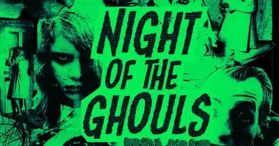 Green-tinted horror scene with three zombie faces in the background. Central text reads: "ZOMBIE BRAINEATERS! NIGHT OF THE GHOULS." Foreground shows a woman with long hair and a man in a hospital bed.