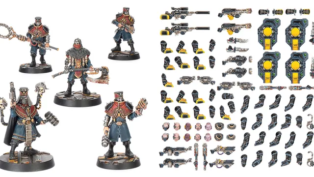 A detailed assortment of miniature components for tabletop gaming, featuring various weapons, arms, and heads designed for use in the Necromunda setting. The items include rifles, pistols, grenades, and melee weapons, alongside mechanical parts and accessories. The color scheme predominantly features black with yellow and green accents, showcasing a mix of futuristic and industrial designs suitable for character customization.