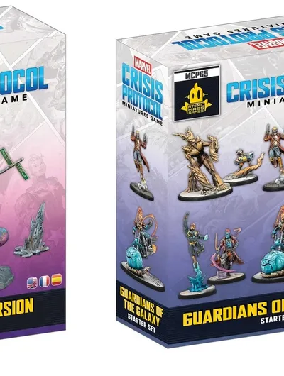 Box for Marvel Crisis Protocol Miniatures Game, Guardians of the Galaxy Starter Set. The packaging is predominantly purple with a clear plastic front displaying ten painted miniatures of characters in dynamic poses, each on a circular base. At the top, the text reads "MARVEL CRISIS PROTOCOL MINIATURES GAME" in blue and white. Below the miniatures, the text "GUARDIANS OF THE GALAXY STARTER SET" is in yellow and white. A small black label with "MCP65" and the Atomic Mass Games logo is visible in the upper left corner.