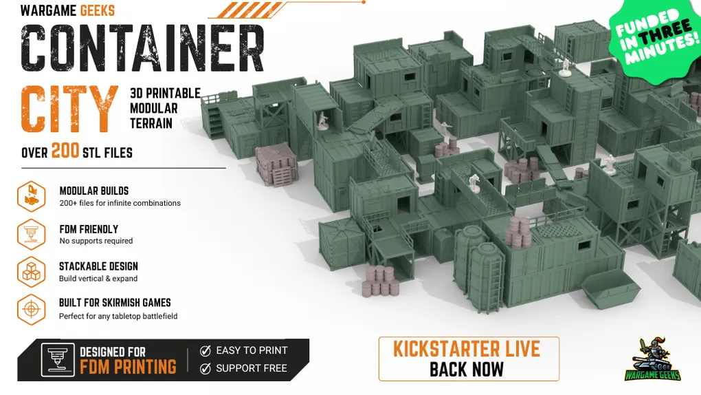 3D-rendered tabletop terrain set labeled "CONTAINER CITY." The scene depicts a modular sci-fi industrial complex composed of multiple green shipping container-style buildings of varying sizes. Some containers have open doors, windows, or ladders attached. Several containers are stacked or arranged to form multi-level structures with connecting walkways and platforms.

In the foreground, there are crates, barrels, and cylindrical containers grouped together. Some crates are wrapped in netting. A few small figures resembling miniature people are positioned near buildings and walkways. The terrain is set on a flat, white base representing a snowy or icy surface.

Visible text in the image includes:
- "CONTAINER CITY"
- "EASY TO PRINT"
- "SUPPORT FREE"
- "KICKSTARTER LIVE BACK NOW"