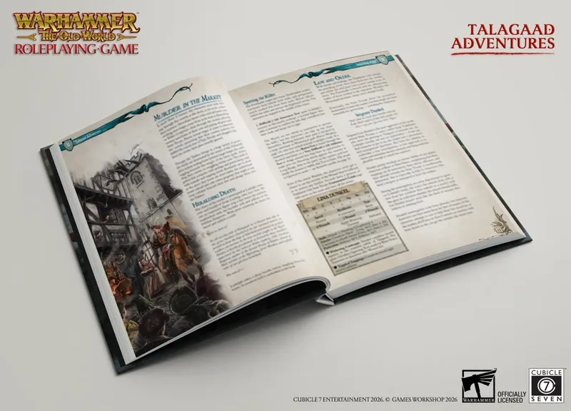 Open book displaying two pages of a tabletop roleplaying game adventure. The left page features a full-page black-and-white illustration of a chaotic street scene in a fantasy port town. Several figures in period clothing—some armed with swords, clubs, and torches—clash or flee among timber-framed buildings; smoke rises in the background. The right page is titled “Law and Order” and contains dense columns of printed text under headings such as “Serving the Rites,” “Heraldo’s Death,” and “Lina Tunkel.” A small character sheet labeled “Lina Tunkel” is inset mid-page, showing handwritten stats and notes. At the top of the right page, the header reads “Murder in the Market.” In the top-right corner of the image, the words “TALAGAAD ADVENTURES” appear in red. At the bottom, small text reads “CUBICLE 7 ENTERTAINMENT 2026. © GAMES WORKSHOP 2026.”