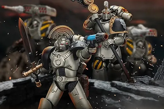 A squad of Iron Warriors action figures is prominently displayed, showcasing their detailed designs and articulation. The foreground features a Sergeant wielding a power sword and a plasma pistol, while a command squad member stands behind, holding a staff. The figures are set against a dramatic backdrop, enhancing their imposing presence with hints of smoke and debris.