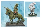 A detailed miniature of a Chaos beastman riding a grotesque, spiky horse, adorned with red gems and intricate armor, stands prominently on a textured base. To the right, a second miniature depicts a figure with a large, fluffy white coat and armored legs, holding a staff, set against a pale blue background featuring abstract designs. The overall aesthetic reflects Ian Miller's unique vision of Chaos, showcasing the fantastical and eerie elements of his illustrations.
