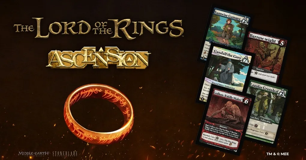 The image features several character cards from the upcoming Lord of the Rings: Ascension deckbuilding game. Prominent cards include "Samwise Gamgee," "Gandalf the Grey," "Gollum, Riddle Maker," "Legolas Greenleaf," and "Barrow-wight," each showcasing unique artwork and attributes. The background includes a stylized representation of The One Ring, with the game's title "Lord of the Rings: Ascension" displayed prominently at the top.