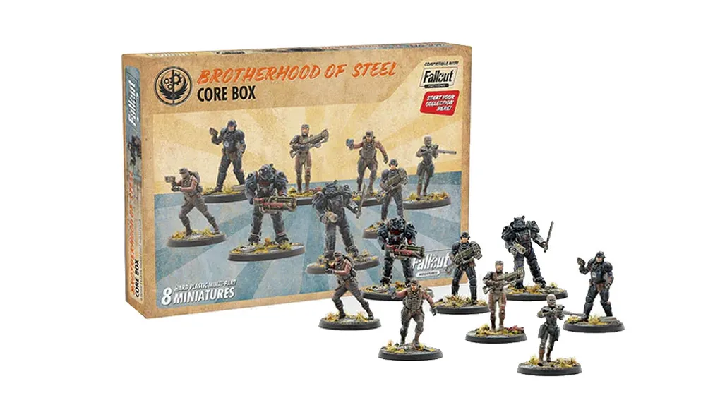 A box labeled "Brotherhood of Steel Core Box" prominently displays eight 32mm scale miniatures from the Fallout universe, featuring a mix of characters including a Paladin and Knight in power armor, Field Scribes, and Brotherhood of Steel members. The miniatures are arranged on a light blue background, with detailed bases that include tufts of grass. The box design incorporates the Fallout logo and highlights the contents, emphasizing the high-quality, multi-part, hard plastic nature of the miniatures.