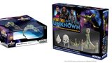 A boxed set titled "Star Trek: Into the Unknown - Rising Tensions Campaign Expansion" features a vibrant design with images of iconic characters, including Klingons and Federation officers. To the left, a separate box displays a cloaked starship model, labeled "Star Trek: The Next Generation - Cloaked Edition." The right side of the image showcases detailed miniatures of various starships, including a Klingon Bird-of-Prey and Federation vessels, emphasizing the game's focus on exploration and battle in the Alpha Quadrant.