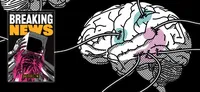 Illustrated brain with colored regions and stitch-like lines on black background