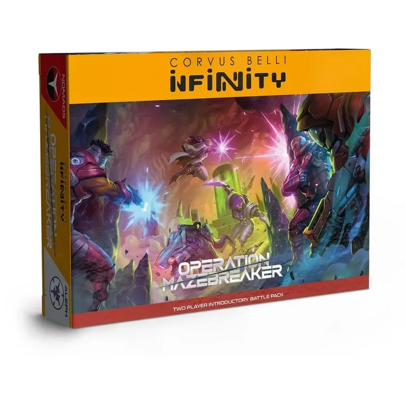 A vibrant box cover for "Operation: Mazebreaker," featuring dynamic artwork that showcases a battle scene between futuristic soldiers and robotic figures. The left side displays Nomads with cyberpunk aesthetics, while the right side features high-tech ALEPH units, all set against a colorful, abstract background filled with energy effects and sci-fi elements. The title "OPERATION MAZEBREAKER" is prominently displayed at the center, with branding for Corvus Belli's Infinity game at the top.