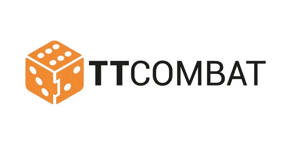 The image features the TT Combat logo, which consists of the letters "TT" in bold black font next to the word "COMBAT" in a similar style. An orange die with white dots is positioned to the left of the text, adding a playful element to the design. The overall look is clean and modern, reflecting the brand's focus on tabletop gaming.