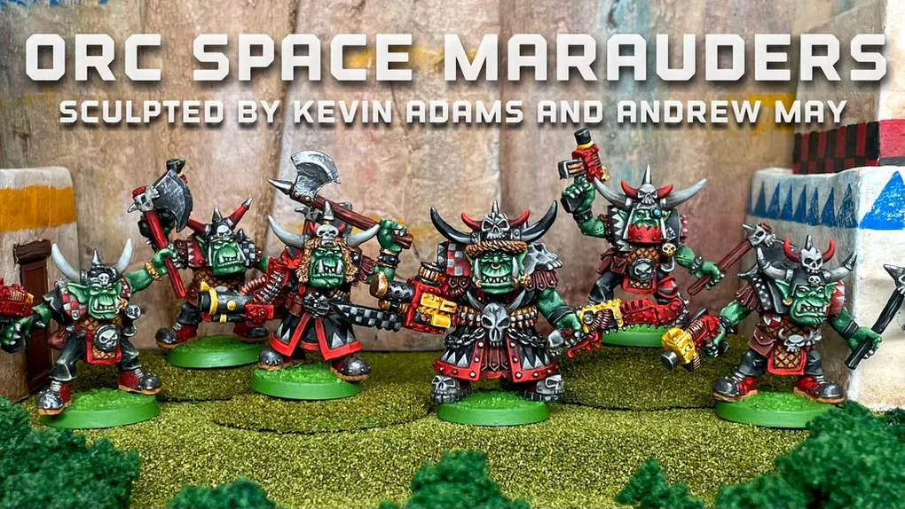 A group of five intricately detailed space orc miniatures stands on a grassy base, showcasing their vibrant colors and unique designs. Each orc is heavily armed, with some wielding axes and others holding futuristic weapons, adorned with cybernetic enhancements and horned helmets. The backdrop features a textured stone wall, enhancing the sci-fi theme of the scene.