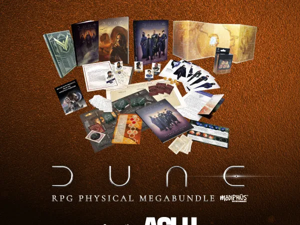 A collection of items from the Dune RPG Physical Megabundle is displayed against a textured brown background. The assortment includes various books, game components, and promotional materials, prominently featuring the Dune logo and the text "Supporting: ACLU." The items are arranged in a visually appealing manner, showcasing the core rulebook, adventure modules, and other game accessories.