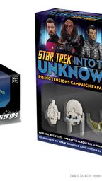 A boxed set titled "Star Trek: Into the Unknown - Rising Tensions Campaign Expansion" features a vibrant design with images of iconic characters, including Klingons and Federation officers. To the left, a separate box displays a cloaked starship model, labeled "Star Trek: The Next Generation - Cloaked Edition." The right side of the image showcases detailed miniatures of various starships, including a Klingon Bird-of-Prey and Federation vessels, emphasizing the game's focus on exploration and battle in the Alpha Quadrant.