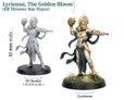 Two 32 mm scale fantasy miniature figurines posed on round black bases. The left figurine depicts a silver-armored elf with long, flowing hair, holding a spiked ball in the right hand raised overhead. The armor has pointed shoulder pauldrons and a layered skirt. The right figurine, labeled "Lyrienne" beneath the base, shows a green-and-gold armored elf with a large, ornate headdress and long hair. This figurine holds a golden ball in the right hand raised overhead and stands on a patch of grass and small rocks. Both figurines are in dynamic, mid-action stances.