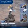 Miniature of a Terran Ghost character named Nova Terra standing on rocky base, holding a glowing blue energy weapon. Three inset images show her in different poses: front, side, and back. Text reads "STAR CRAFT TABLETOP MINIATURES GAME," "NOVA TERRA," "NEW TERRAN HERO," and "Ø 40mm."