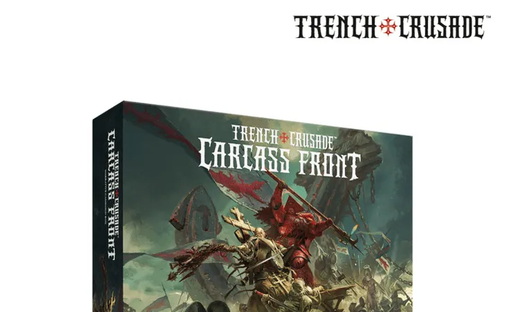 A box for the "Trench Crusade: Carcass Front" narrative campaign features a dramatic illustration of a fierce battle scene. In the foreground, a red, demonic figure wields a weapon amidst a chaotic clash with armored soldiers, surrounded by skulls and tattered banners. The title "TRENCH CRUSADE: CARCASS FRONT" is prominently displayed at the top, with the subtitle "NARRATIVE CAMPAIGN BOX" below, set against a dark, atmospheric backdrop.