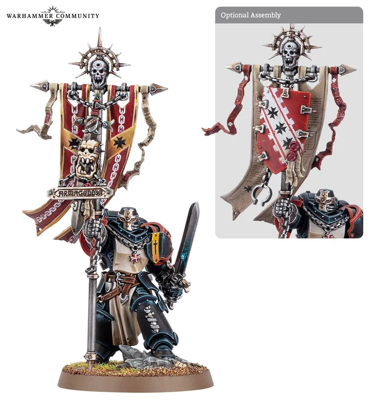 A Black Templar miniature stands prominently, holding a large, ornate banner adorned with skulls and intricate designs, including a red and white color scheme. The figure is clad in dark armor with silver accents, wielding a sword in one hand while the other grips the banner pole. An inset image shows an alternative assembly option for the banner, highlighting different design elements.