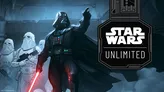Four stormtroopers in white armor with black helmets and red visors stand in a dimly lit, rocky corridor. One figure in black armor with a red-bladed lightsaber points forward. Visible text: "© & ™ Lucasfilm Ltd."