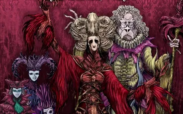 Five stylized figures in elaborate, gothic attire pose against a dark red background. Two circular portraits show a man in a top hat and another in a dark coat. Central text reads: "Malamorte’s Oddities Collection: Red Death Party."