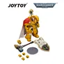 Yellow armored figure with red cape, hammer, shield, and accessories. Text: JOYTOY WARHAMMER 40,000.