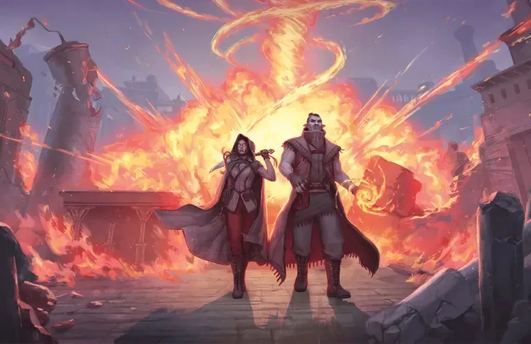 Two figures stand in the foreground, both wearing long red cloaks. The figure on the left is a woman with long dark hair, holding a knife in her right hand. The figure on the right is a man with a beard, holding a sword in his right hand. They are positioned on a stone surface with steps leading up to a platform. Behind them, a large explosion of fiery orange and red energy swirls, illuminating the scene. In the background, a faint outline of a city or structures is visible through the fiery glow.