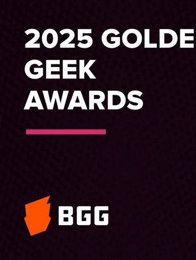 The image features the text "2025 GOLDEN GEEK AWARDS" prominently displayed in bold white letters against a dark purple background. Below the title, a pink horizontal line separates it from the logo of BoardGameGeek (BGG), which is shown in white and orange. The overall design is modern and vibrant, reflecting the excitement of the awards event.